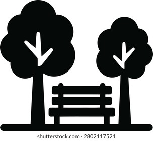 Black silhouette of bench between two trees on white background