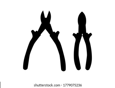 black silhouette of a bench tool. Open and closed side cutters. Simple vector illustration isolated on white background.