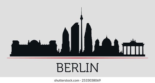 Black silhouette of Berlin city skyline, emphasized by red line with text. Vector on a gray background