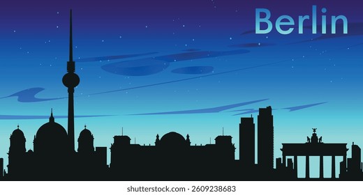 Black silhouette of the Berlin skyline against the background of a dark blue sky with clouds