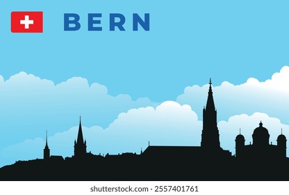 Black silhouette of Bern city skyline with text and flag. Vector on the background of blue sky and white clouds