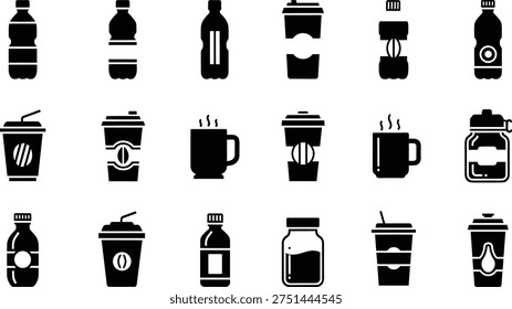 Black silhouette beverage icon set featuring water bottles, coffee cups, soda with straws, hot mugs, and glass jars for drink packaging.