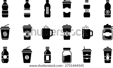 Black silhouette beverage icon set featuring water bottles, coffee cups, soda with straws, hot mugs, and glass jars for drink packaging.