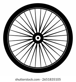 Silhueta preta de roda de bicicleta com raios visíveis - ícone de parte de bicicleta, vetor de componente de ciclismo, símbolo de equipamento de esporte, design mínimo, elemento de transporte, gráfico de atividade ao ar livre
