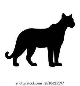 A black silhouette of a big cat standing in profile, showcasing its sleek body and poised stance against a plain white background.