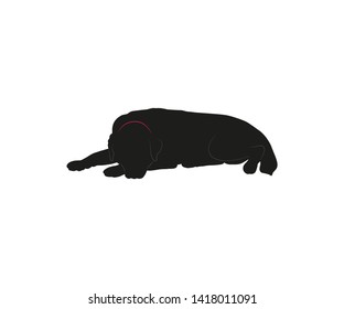 Black silhouette of big lying dog with collar on white background. Elements for design, logo pet shop, food for animals. Vector illustration