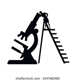 Black silhouette big microscope with scientist climbs the ladder cartoon character design flat vector illustration on white background