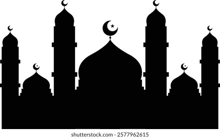 Black Silhouette Big Mosque with Crescent Star on Top of Dome