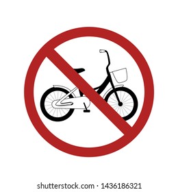 Black silhouette bike in the prohibition sign. Ban on cycling. Child bike in the ban. Vector element for badges, labels, icons and your design.