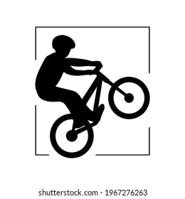 Black silhouette of biker jumping. Stunt bike vector. Outdoor activity. Extreme sport rider. Freestyle cyclist illustration.