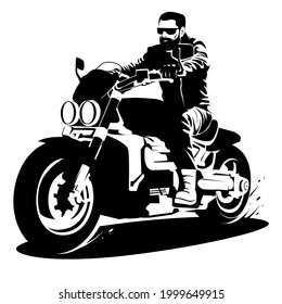 Black silhouette of a biker on a motorcycle on a white background. A man in a leather jacket with a beard and glasses is riding a motorcycle. Stock vector illustration