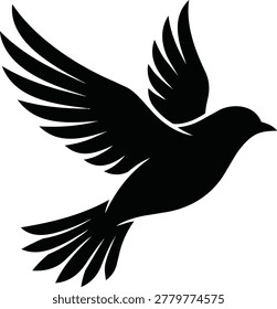 A black silhouette of a bird captured mid-flight, its wings fully extended, showcasing its elegant form against a white background.