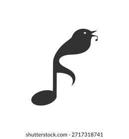 Una silueta negra de un pájaro creativamente integrado con una nota musical, cantando con una nota Pequeña en su pico, sobre un fondo blanco. Este diseño minimalista simboliza la música y la naturaleza.