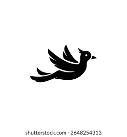 A black silhouette of a bird in flight against a white background The style is simple and minimalist The bird is depicted in profile view with its wings spread