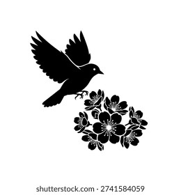 Black silhouette of bird in flight towards flowers