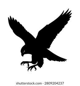 Black silhouette of a bird in flight with wings fully extended, capturing a dynamic and powerful pose against a plain background.