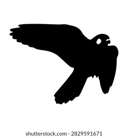 Black silhouette of a bird in flight with wings spread wide, set against a plain white background, emphasizing motion and freedom.