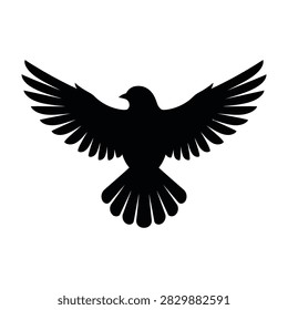 A black silhouette of a bird in flight with wings spread wide on a plain white background
