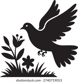 Black silhouette of a bird flying over flowers and grass white background