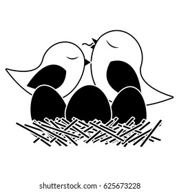 black silhouette of bird in nest with eggs and chick vector illustration