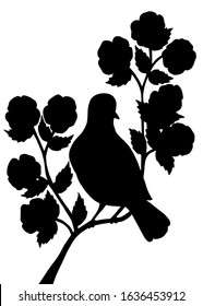 Black silhouette of a bird on a branch with flowers on a white background