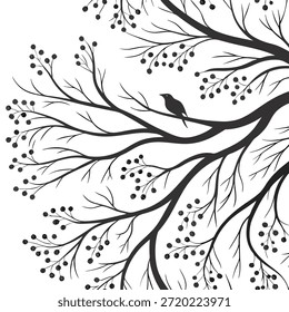 Black silhouette of a bird on a tree branch with small berries against a white background vector illustration