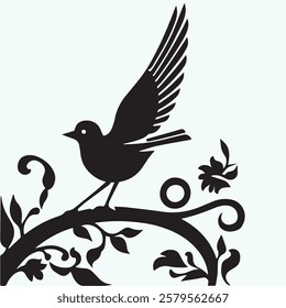 Black silhouette of a bird perched on a decorative, swirling branch with leaves and a flower.