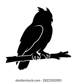 A black silhouette of a bird perched on a branch, looking to the right, isolated on a white background, creating a striking and simple composition