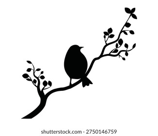A black silhouette of a bird sitting on a branch with leaves and a butterfly, set against a white background.