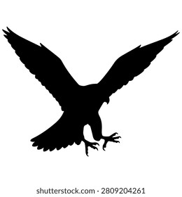 Black silhouette of a bird soaring with wings fully extended, captured in mid-flight against a plain white background.