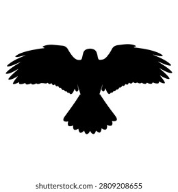 Black silhouette of a bird soaring with wings fully extended, showcasing elegance and freedom in flight against a plain background.