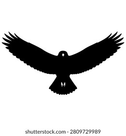 Black silhouette of a bird soaring with wings fully extended, showcasing freedom and grace in flight against a plain background.
