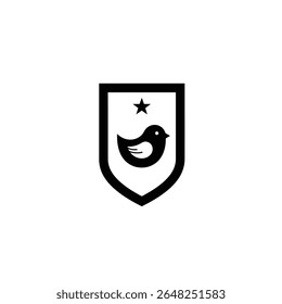 A black silhouette of a bird and star inside a shield shaped badge against a white background The style is minimal and vector based