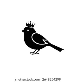 Black silhouette of a bird wearing a golden crown against a white background simple vector graphic