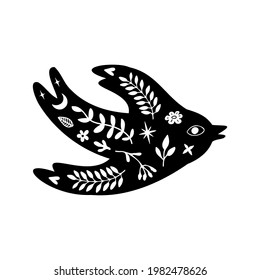 Black silhouette of bird with white moon, floral elements. Vector illustration in linocut style. 