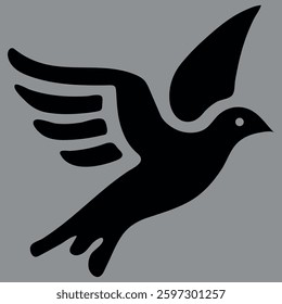 Black silhouette of a bird with wings outstretched, depicted in a modern minimalist design against a gray background, symbolizing freedom, flight, and elegance.