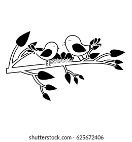 black silhouette of birds and nest in tree branch vector illustration