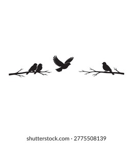 Black Silhouette Birds on Tree Branch with Flying Bird — Minimalist Wide Panoramic Vector Art for Wall Décor, Nature and Freedom Concept
