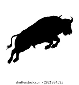 A black silhouette of a bison in mid-charge, showcasing dynamic movement and powerful stance against a plain white background.