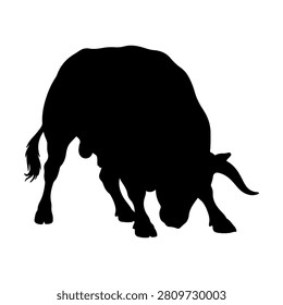 Black silhouette of a bison standing in profile, emphasizing its horns and muscular build, set against a plain white background.