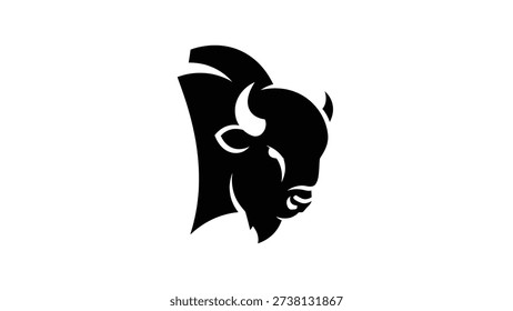 A black silhouette of a bison's head in profile. The vector illustration features bold lines and a minimalist design. Suitable for logos and icons, this editable file is ideal for print and digital use.
