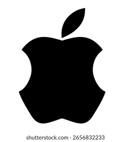 Una silueta negra de una manzana mordida con una hoja en la parte superior, que se asemeja a un núcleo de manzana estilizado.