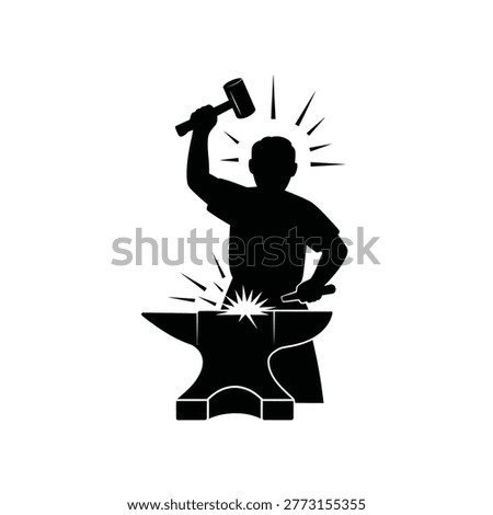Black silhouette of a blacksmith forging metal with hammer and anvil