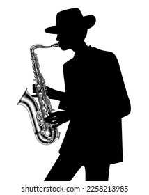 Black silhouette of blacky man in hat playing with saxophone isolated on white. Vector illustration