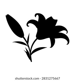 Black silhouette of a blooming flower with a leaf, isolated on a white background, emphasizing natural beauty and botanical elegance.