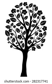Black silhouette of a blossoming tree isolated on white background.