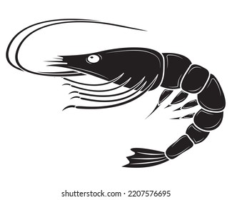 Black silhouette boiled prawns or tiger prawns isolated on white background. Fresh Seafood.Vector illustration.