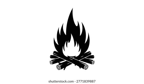 A black silhouette of a bonfire with burning logs is depicted against a white background. The stylized flame illustration showcases a classic campfire scene, ideal for designs related to outdoor activities.