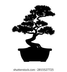 Black silhouette of a bonsai tree in a pot, showcasing intricate branches and foliage, ideal for artistic, botanical, or decorative themes.
