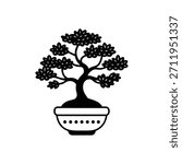 Black Silhouette Bonsai Tree Vector Illustration Minimalist Potted Plant Outline with Dotted Pot Clipart
